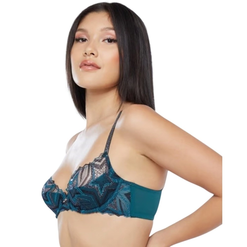Savage X Fenty Green Metallic Zigzag Mesh Lingerie Underwire Bra Size 36B
